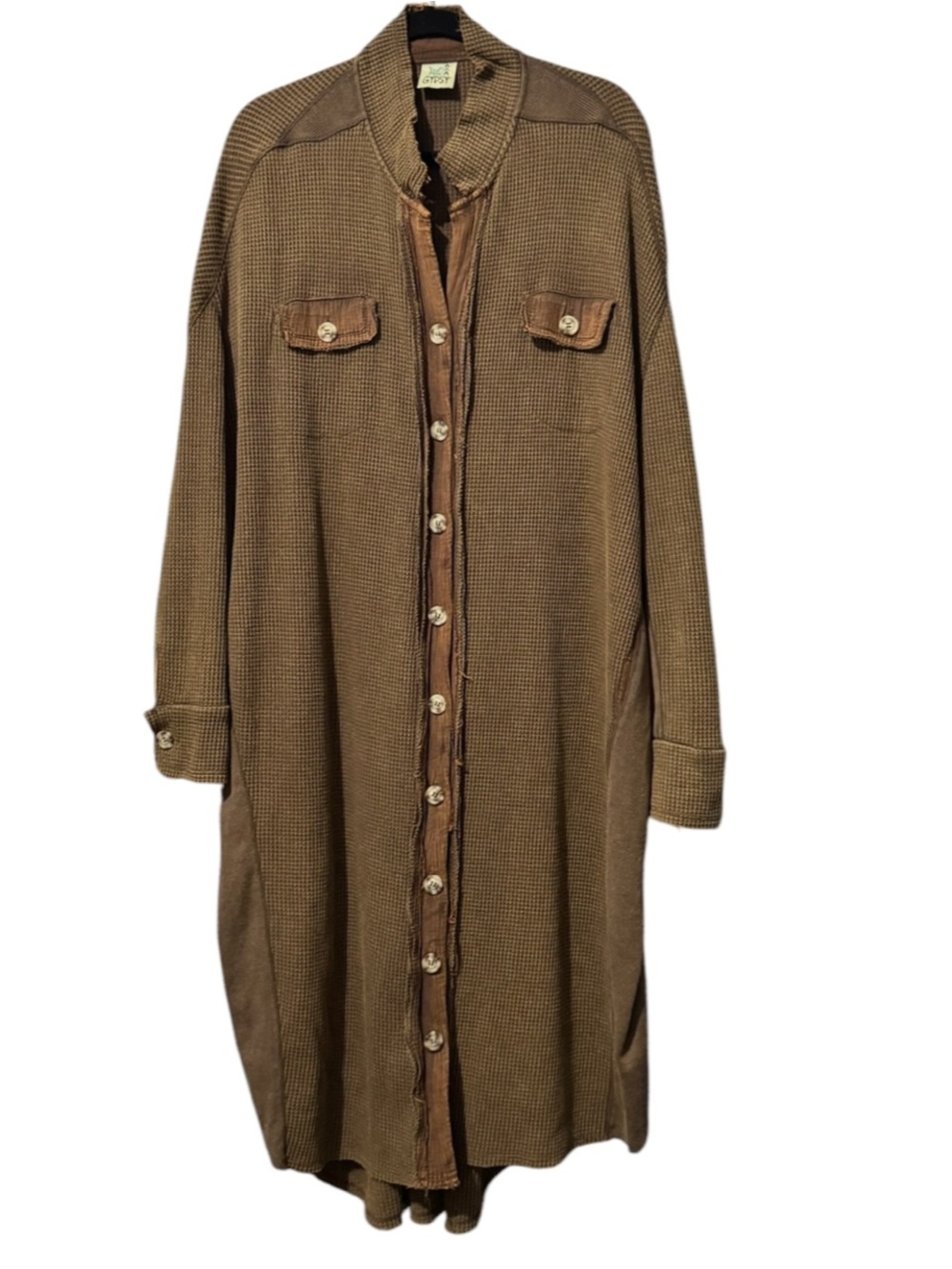 Jaded Gypsy All Wrapped Up Waffle Knit Duster Cardigan Brown Long Shacket OS